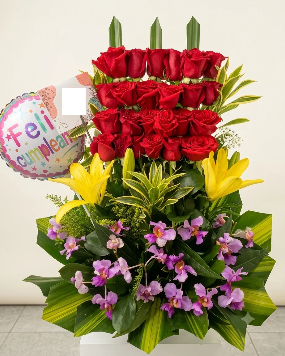 Arreglo floral tropical con rosas, lirios y orquídeas para cumpleaños en Cali