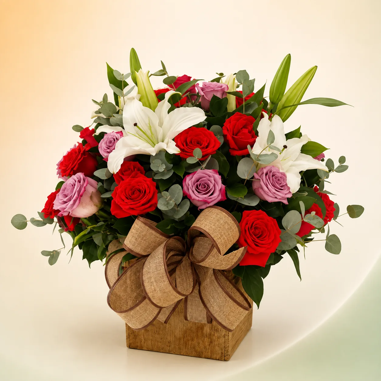 Arreglo floral rústico en caja de madera artesanal Cali