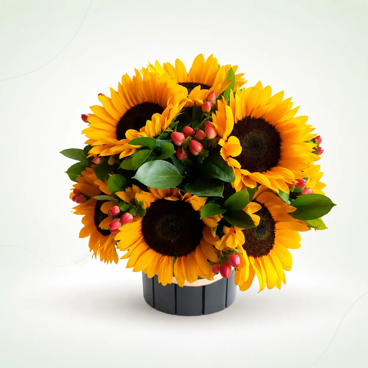 Arreglo en madera con girasoles y flor de cafeto Cali